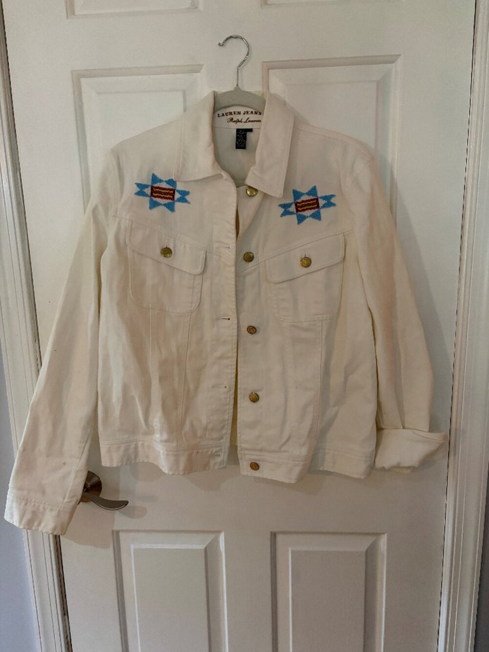 Ralph Lauren Jeans White Jean Jacket Beaded GUC Large